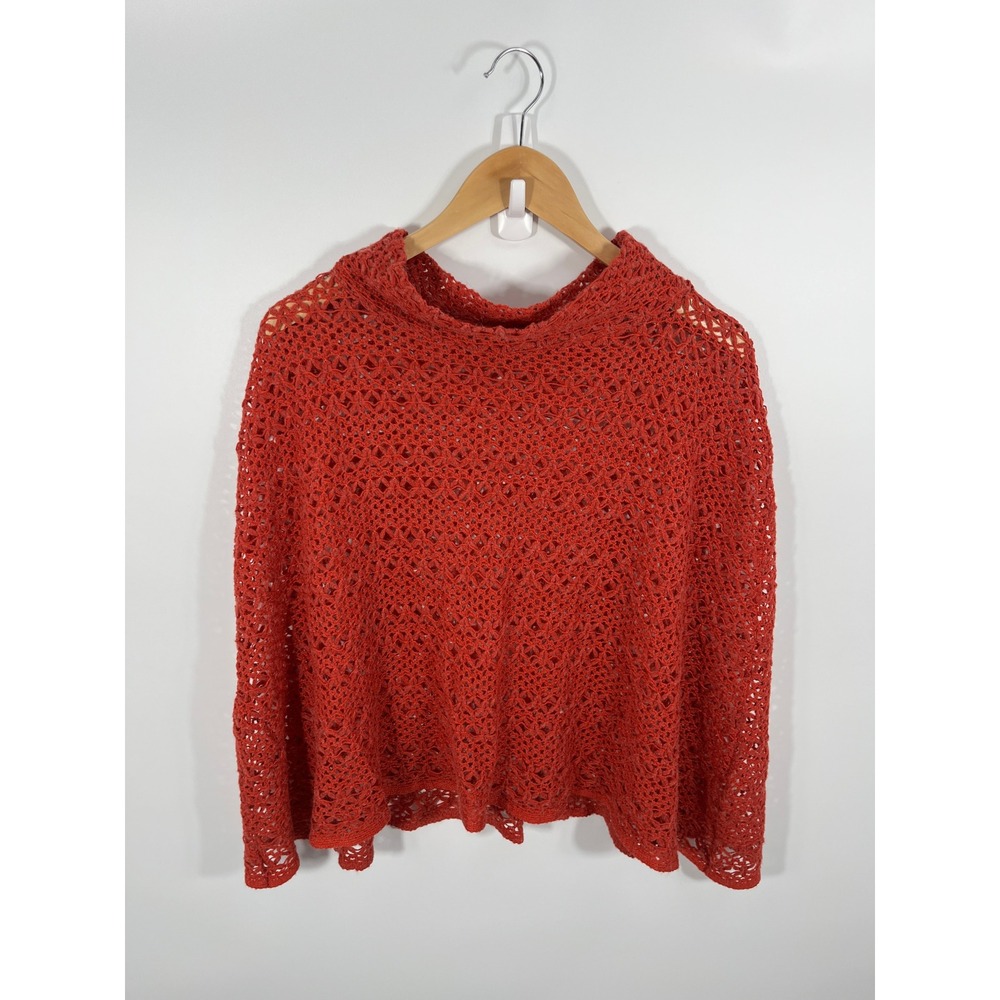 Y2K Womens Knit Poncho L Orange Boho Chic Coastal Festival Lightweight